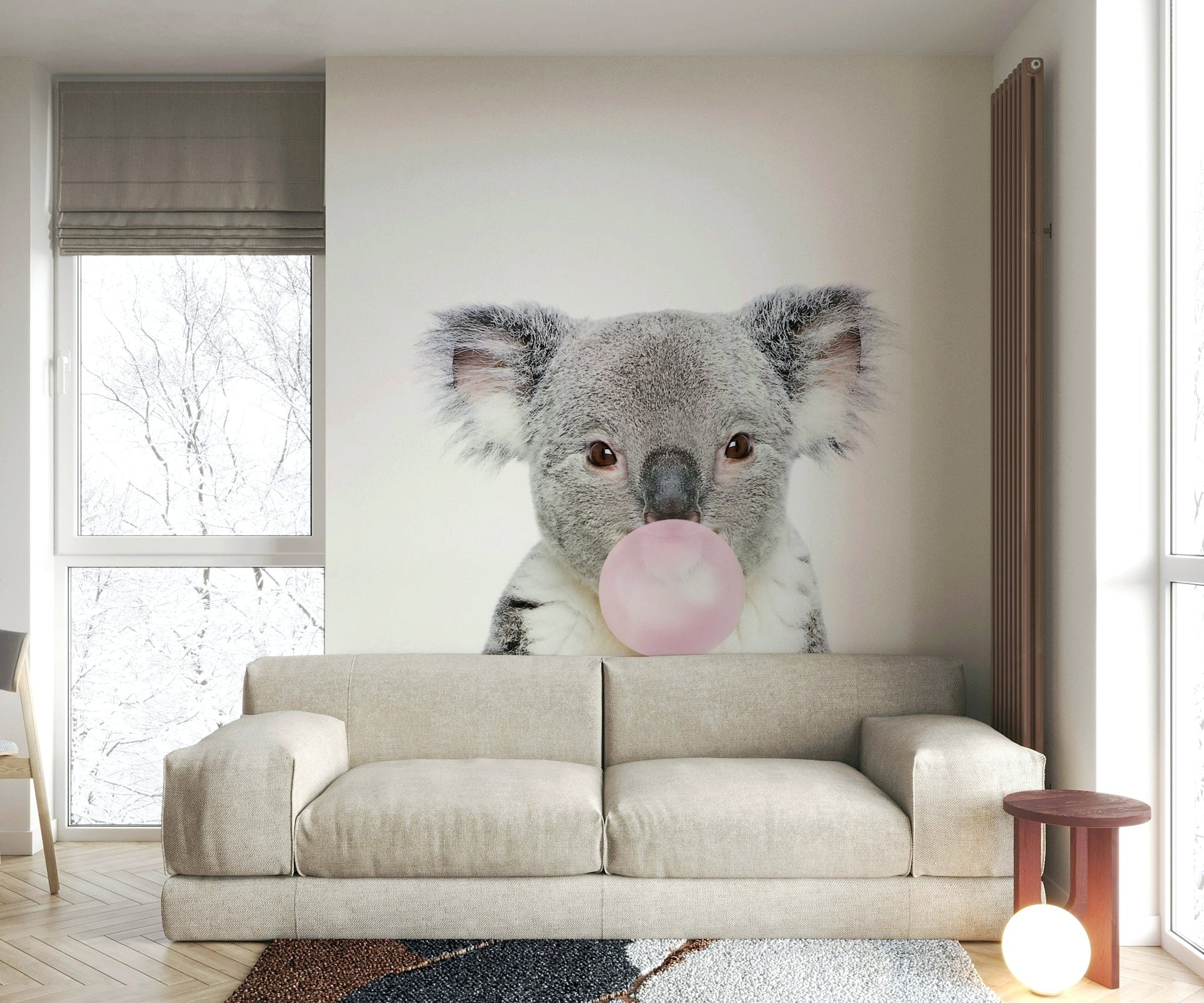 Adorable koala blowing bubble gum wall art mural.

