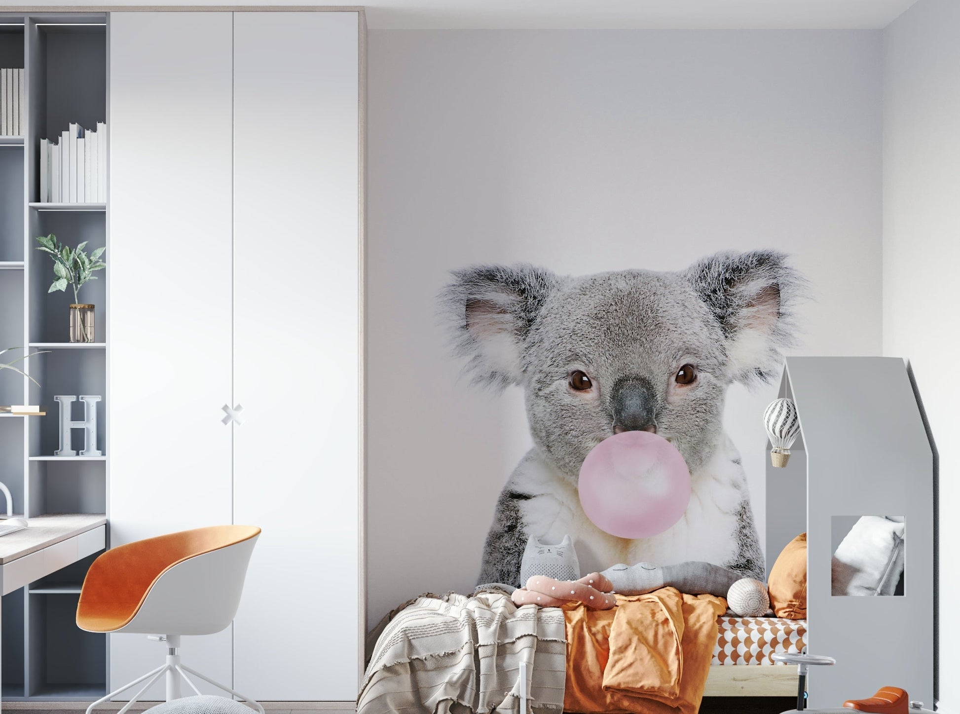 Fun koala wall mural with bubble gum for a cheerful space.

