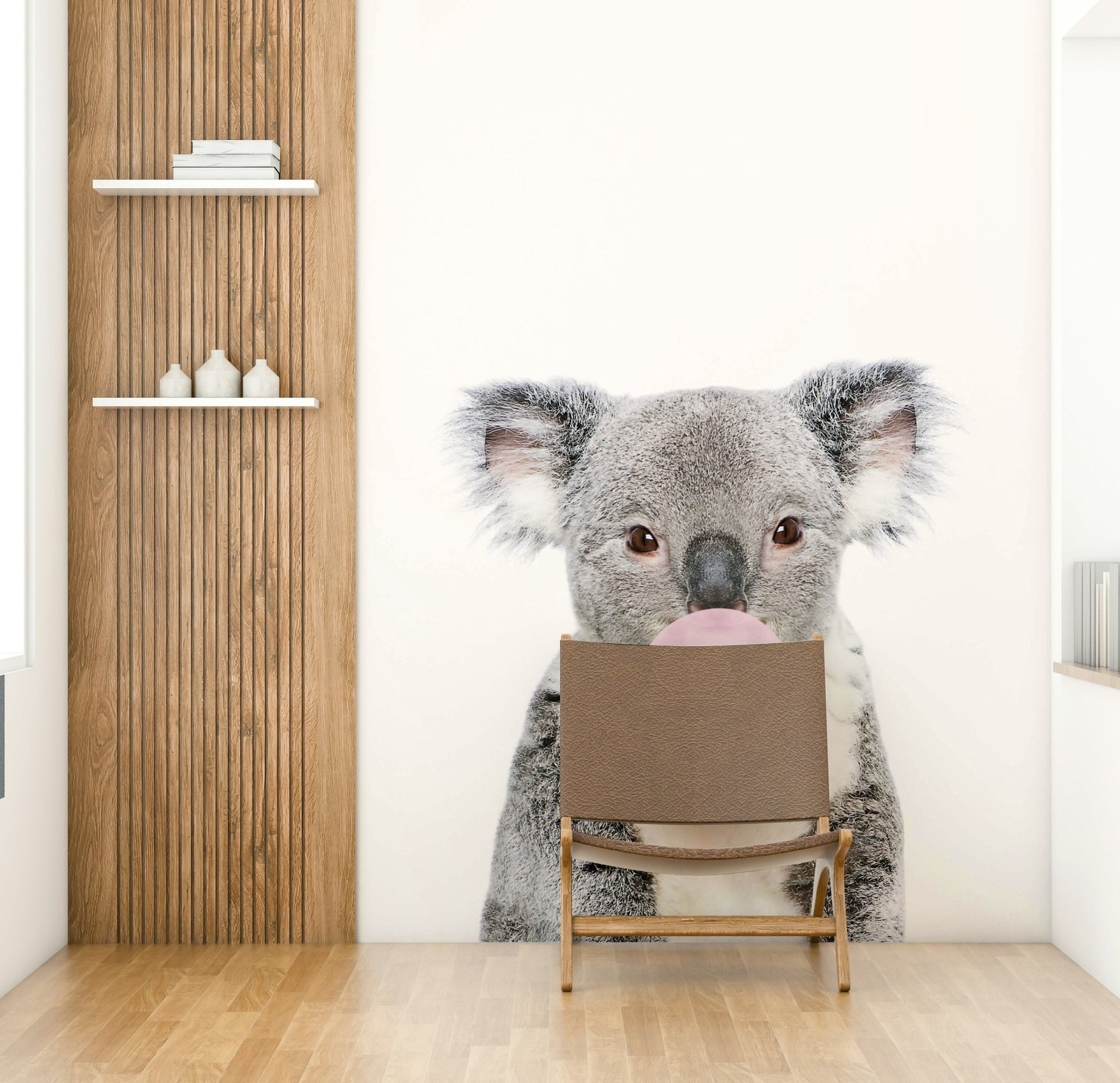 Cute bubble gum koala mural for kids' room decor.

