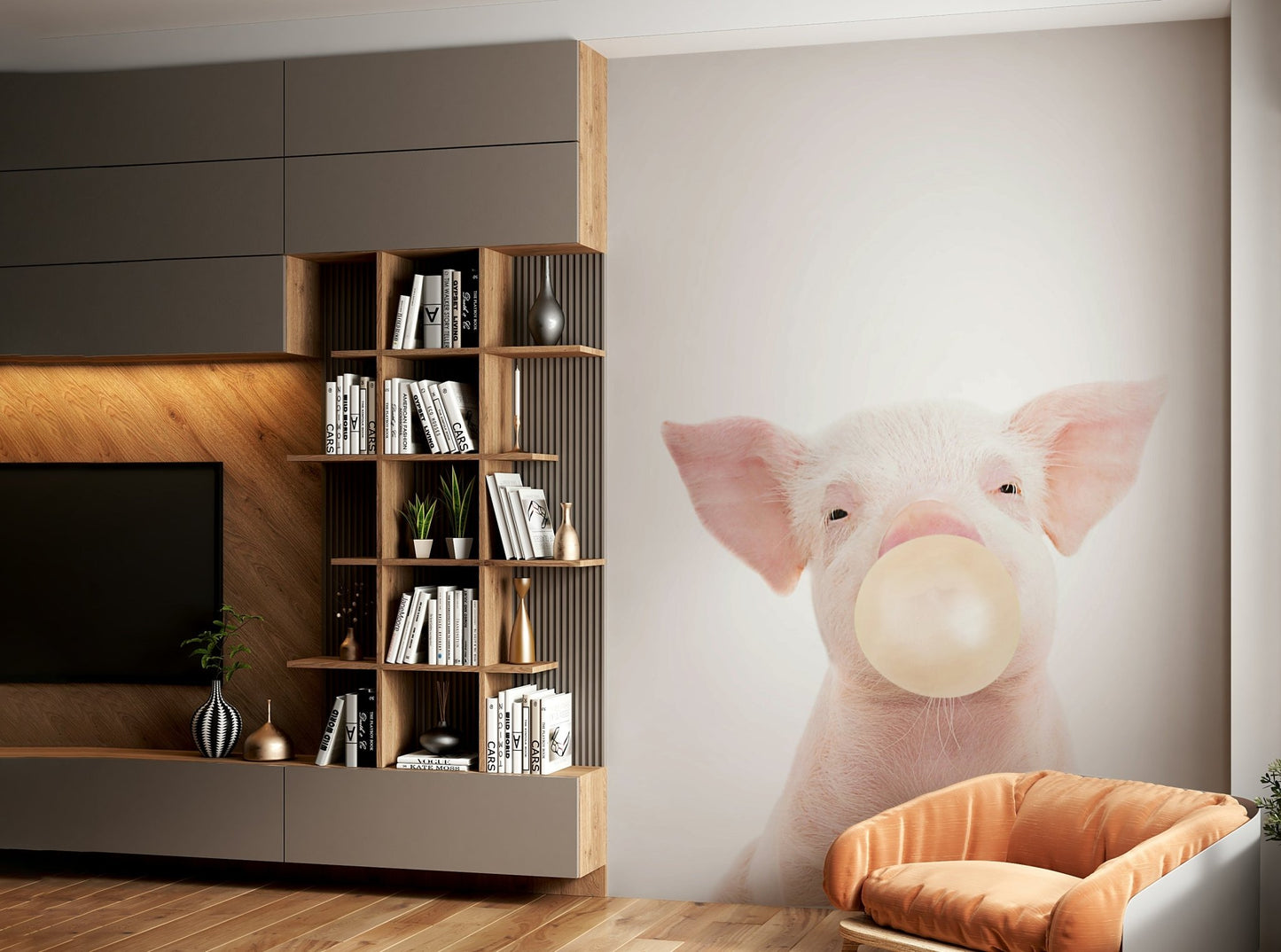 Cute bubble gum piglet wall mural for nursery room

