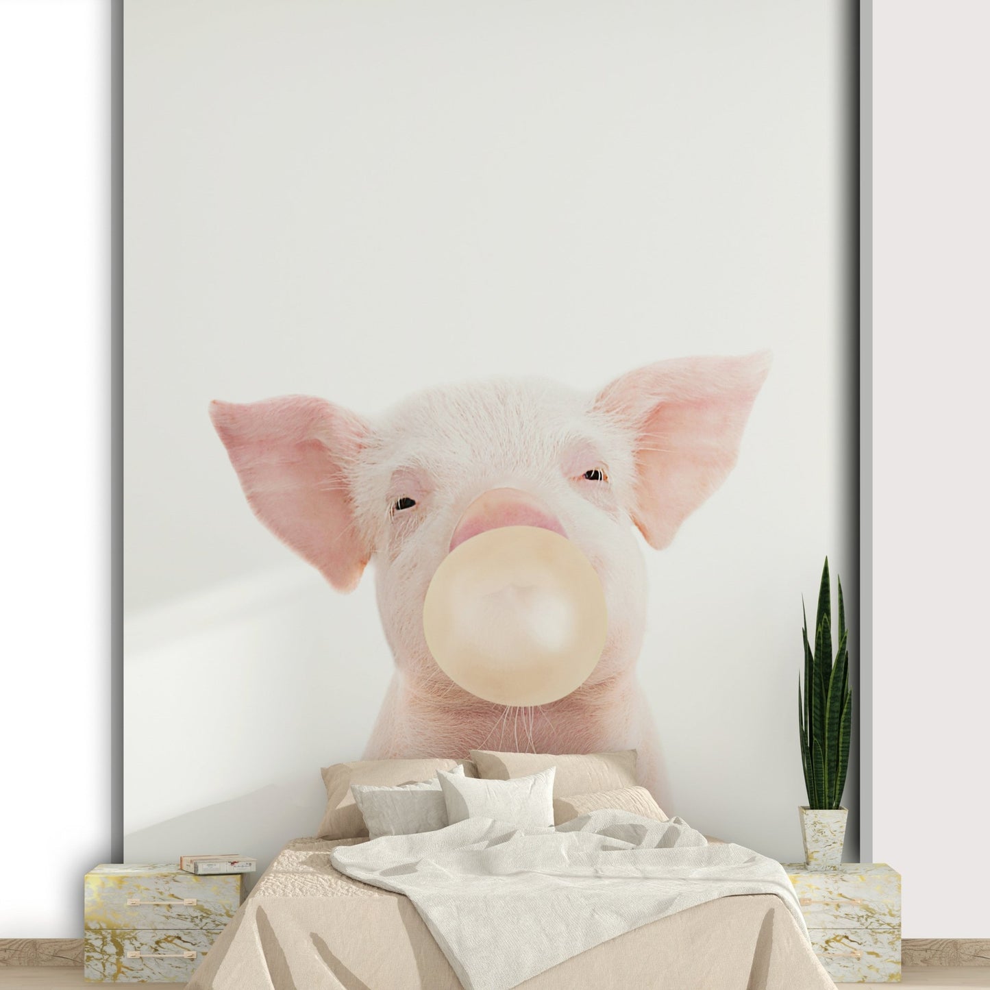 Playful piglet blowing bubble gum wall mural design


