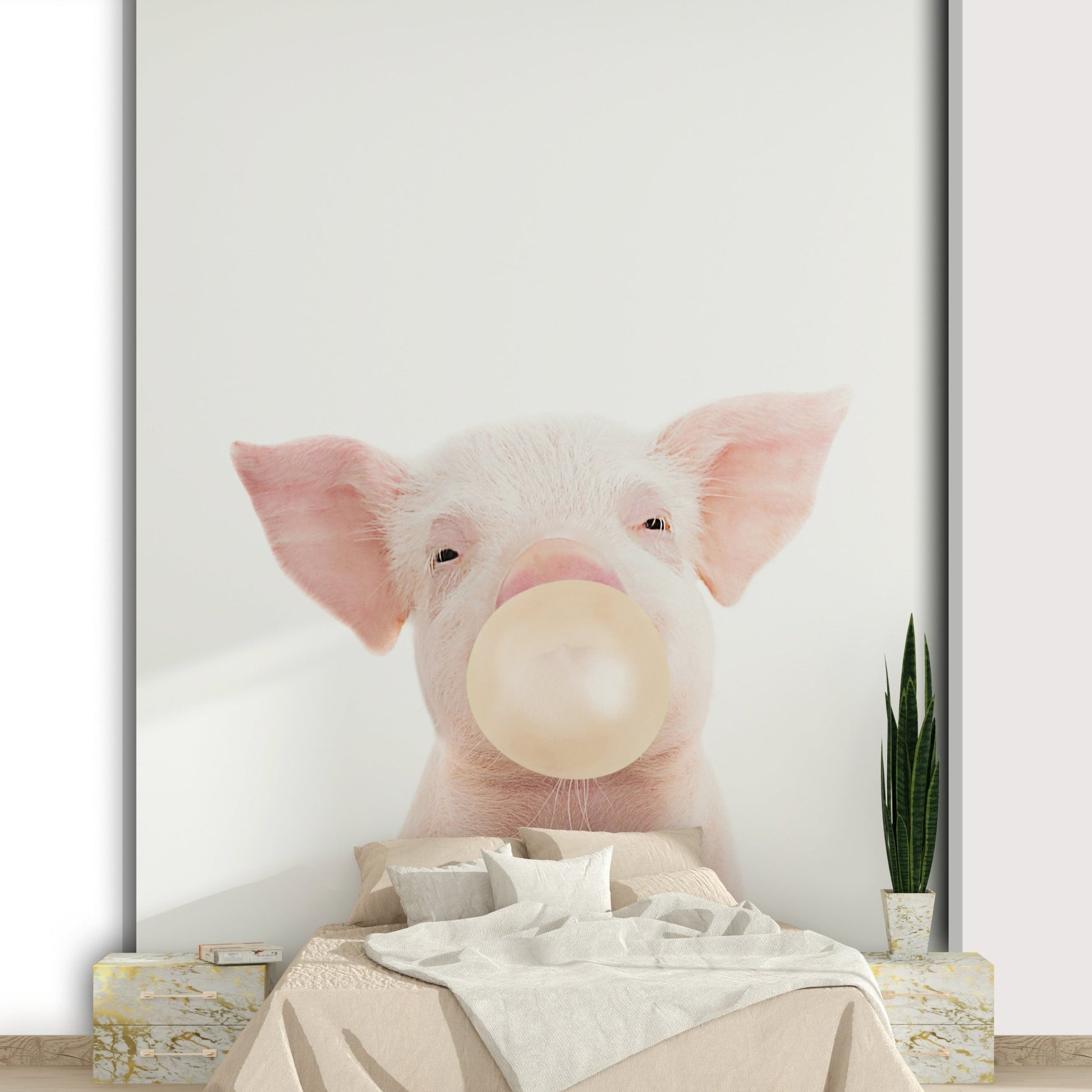 Playful piglet blowing bubble gum wall mural design

