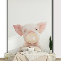 Playful piglet blowing bubble gum wall mural design

