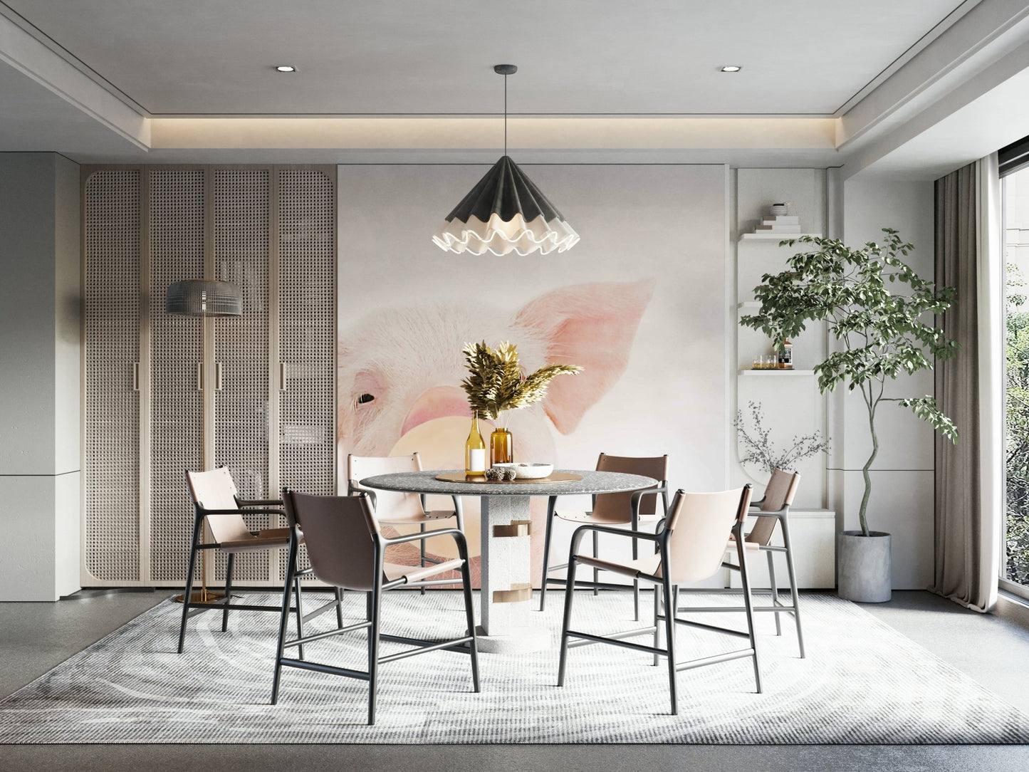 Cheerful piglet with bubble gum mural for kids' room

