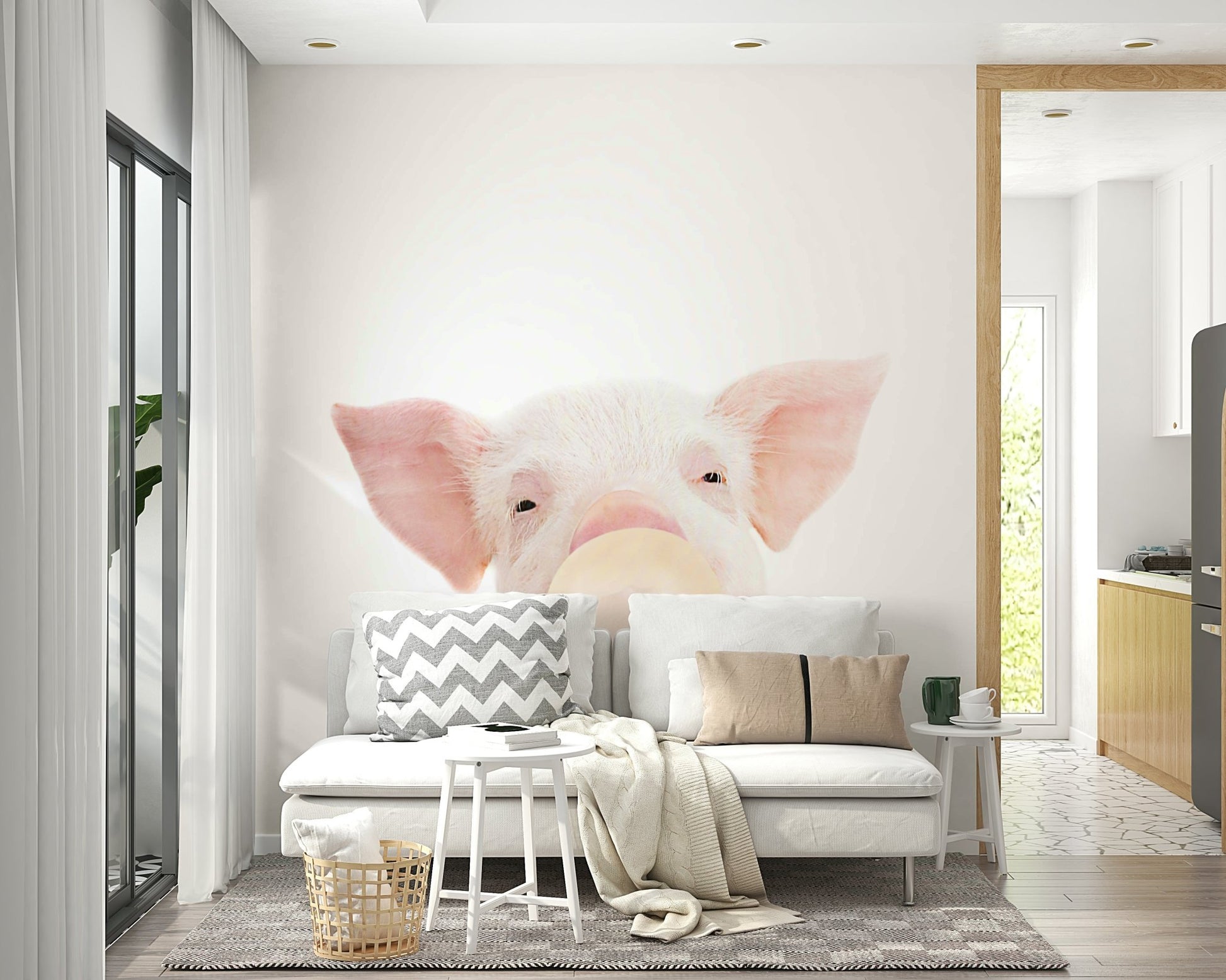Pastel bubble gum piglet mural for modern decor

