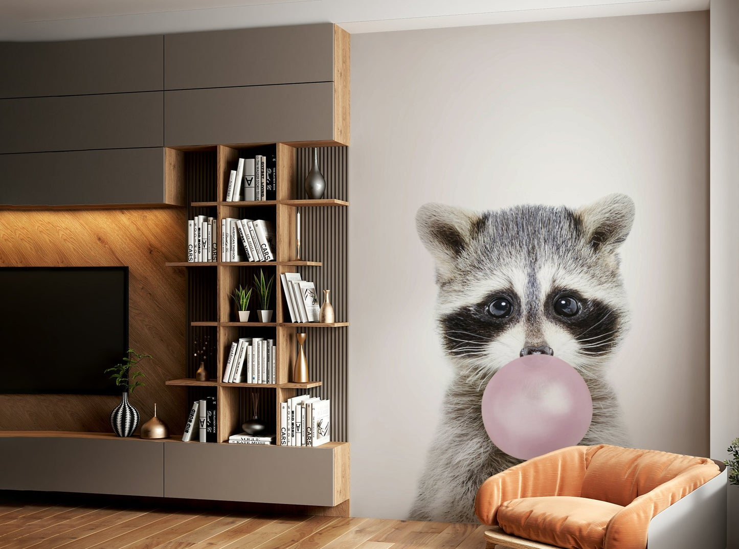 Raccoon portrait with pink bubble


