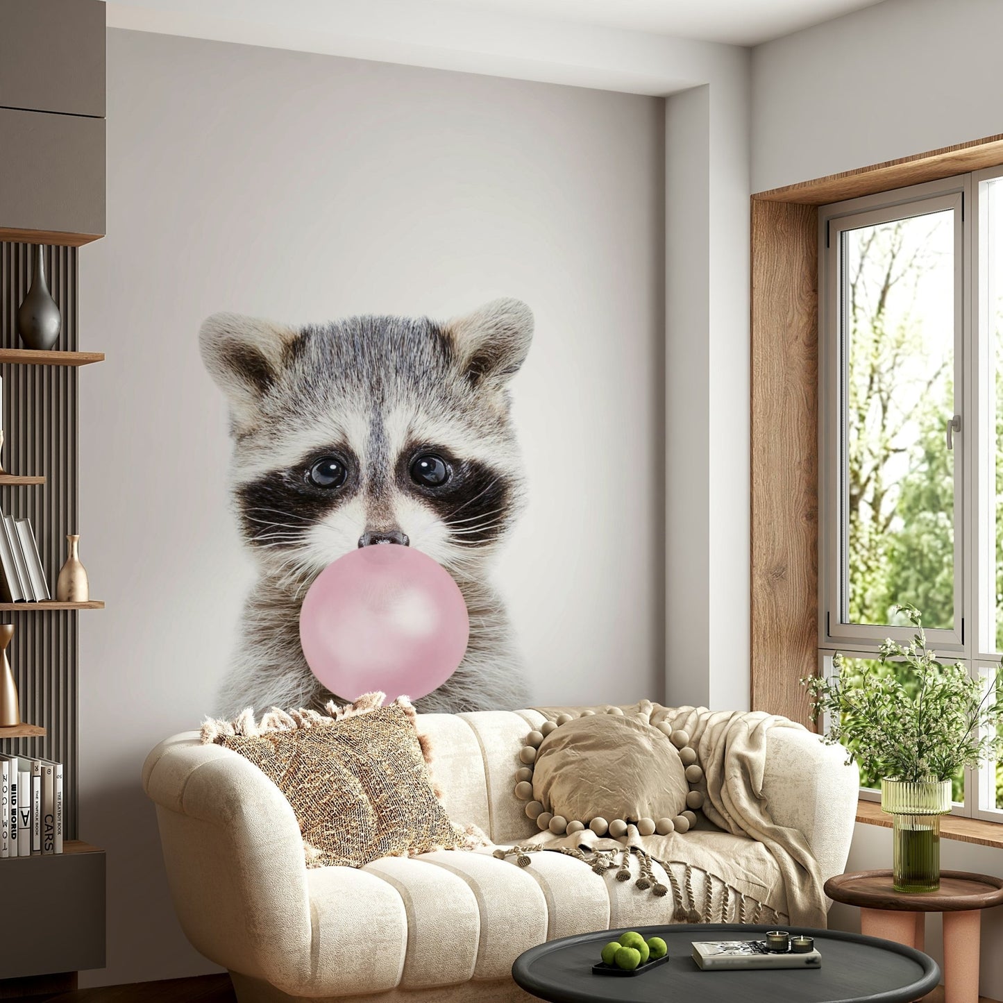Playful raccoon mural with bubble gum for vibrant room walls.

