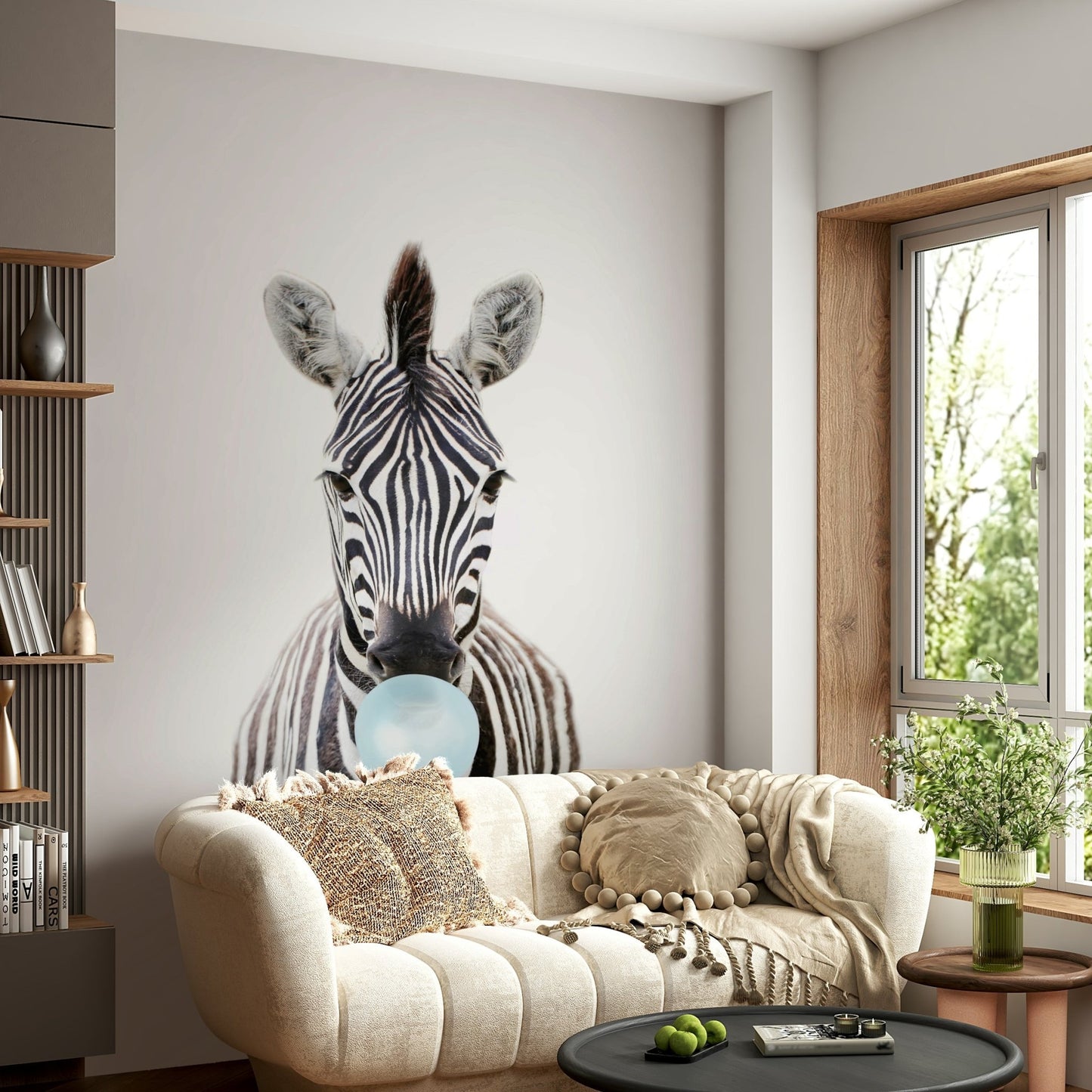 Wall mural with bubble gum zebra, perfect for decor.

