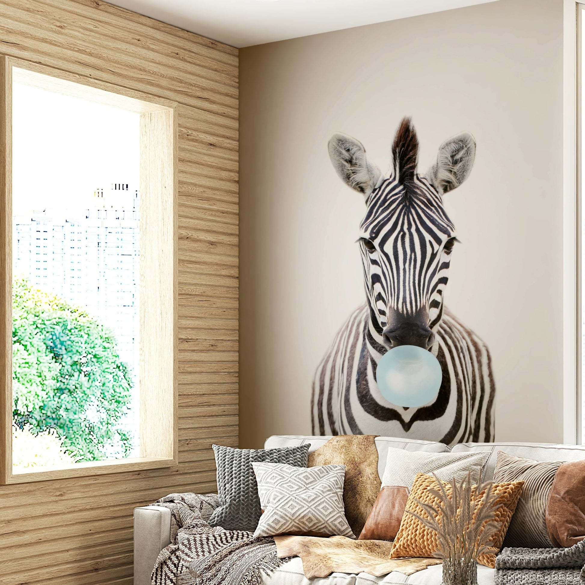 Colorful bubble gum zebra wall mural for rooms.

