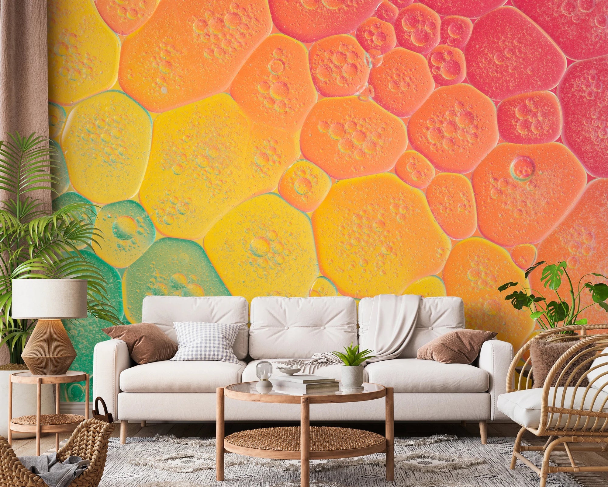 Living room with Bubble Kaleidoscope Wall Mural behind a white sofa, GD8851