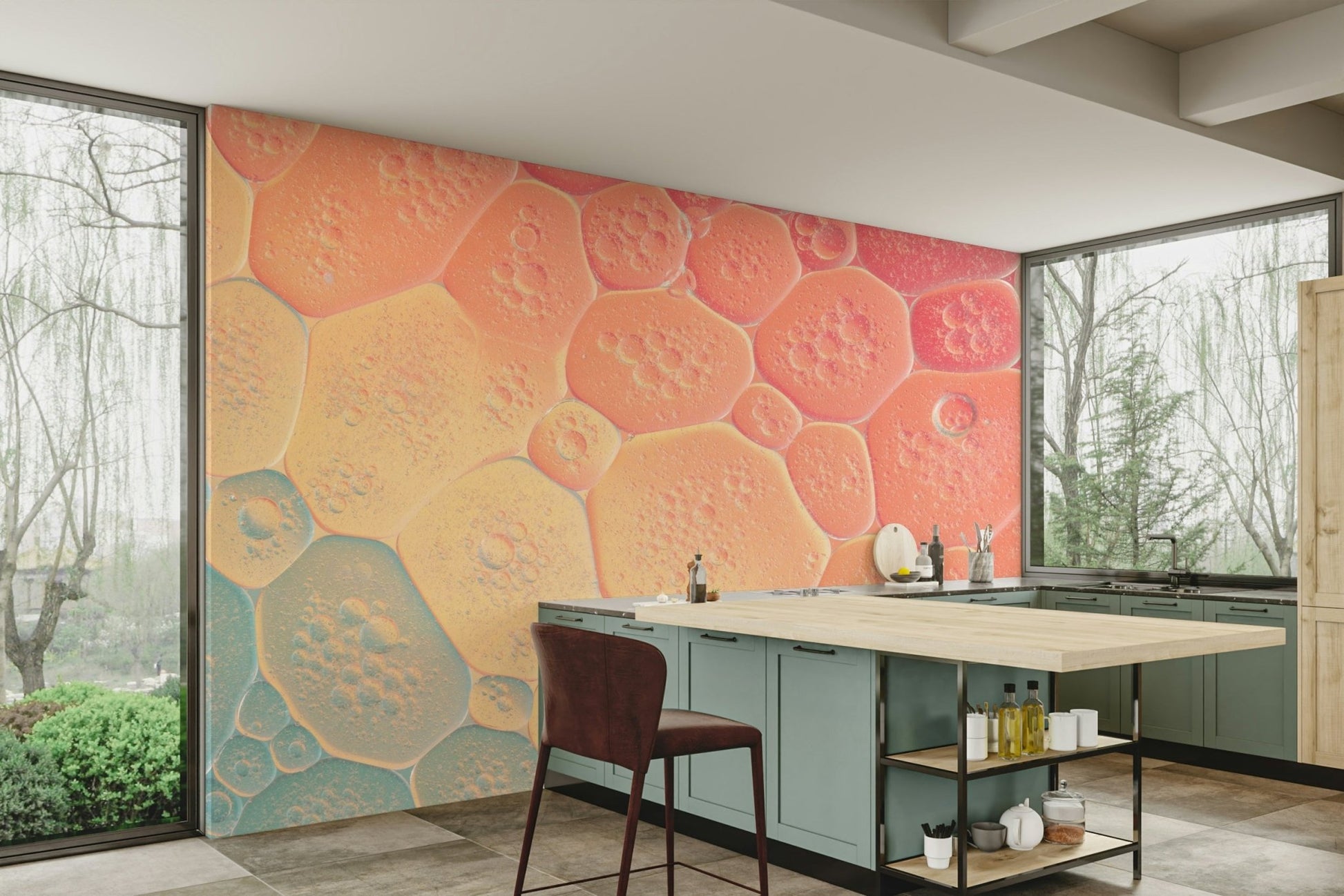 Rainbow-themed bubble mural with floating feel

