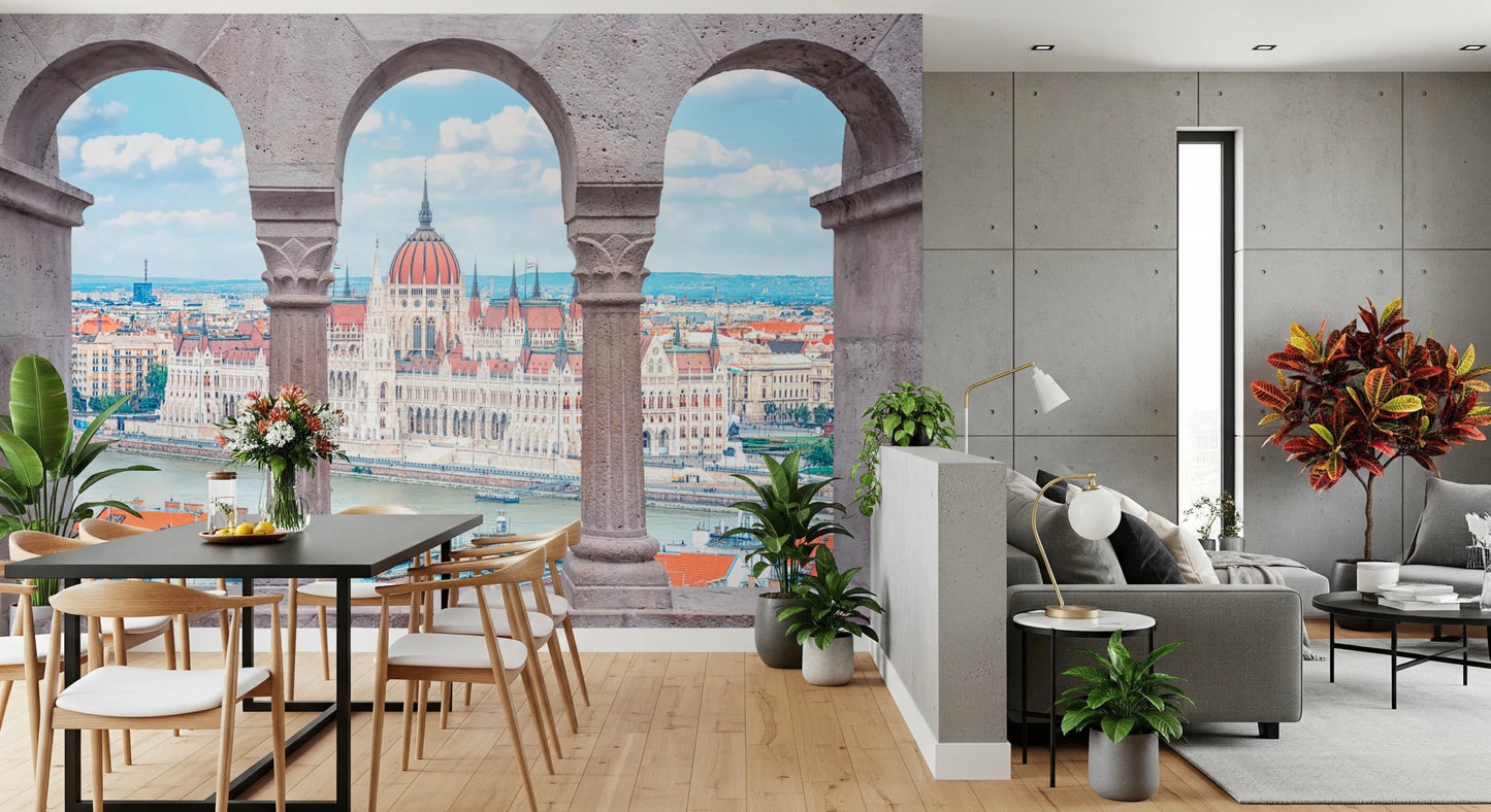 Modern living room framed by Budapest Vista Arches Wall Mural and skyline view