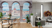 Modern living room framed by Budapest Vista Arches Wall Mural and skyline view