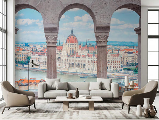 Living room with Budapest Vista Arches Wall Mural behind sofa and lounge seating
