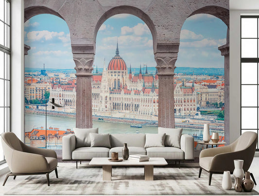 Living room with Budapest Vista Arches Wall Mural behind sofa and lounge seating