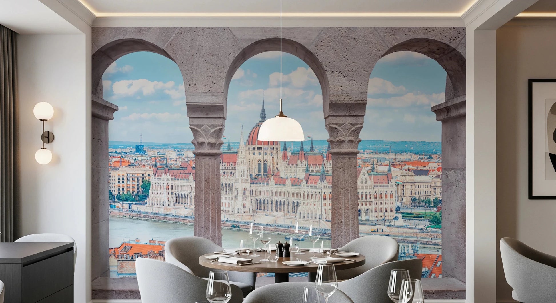 Dining area styled with Budapest Vista Arches Wall Mural and arched city backdrop