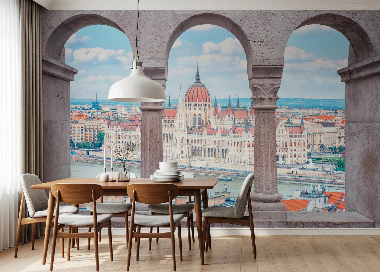 Dining room arranged before Budapest Vista Arches Wall Mural with three arch views