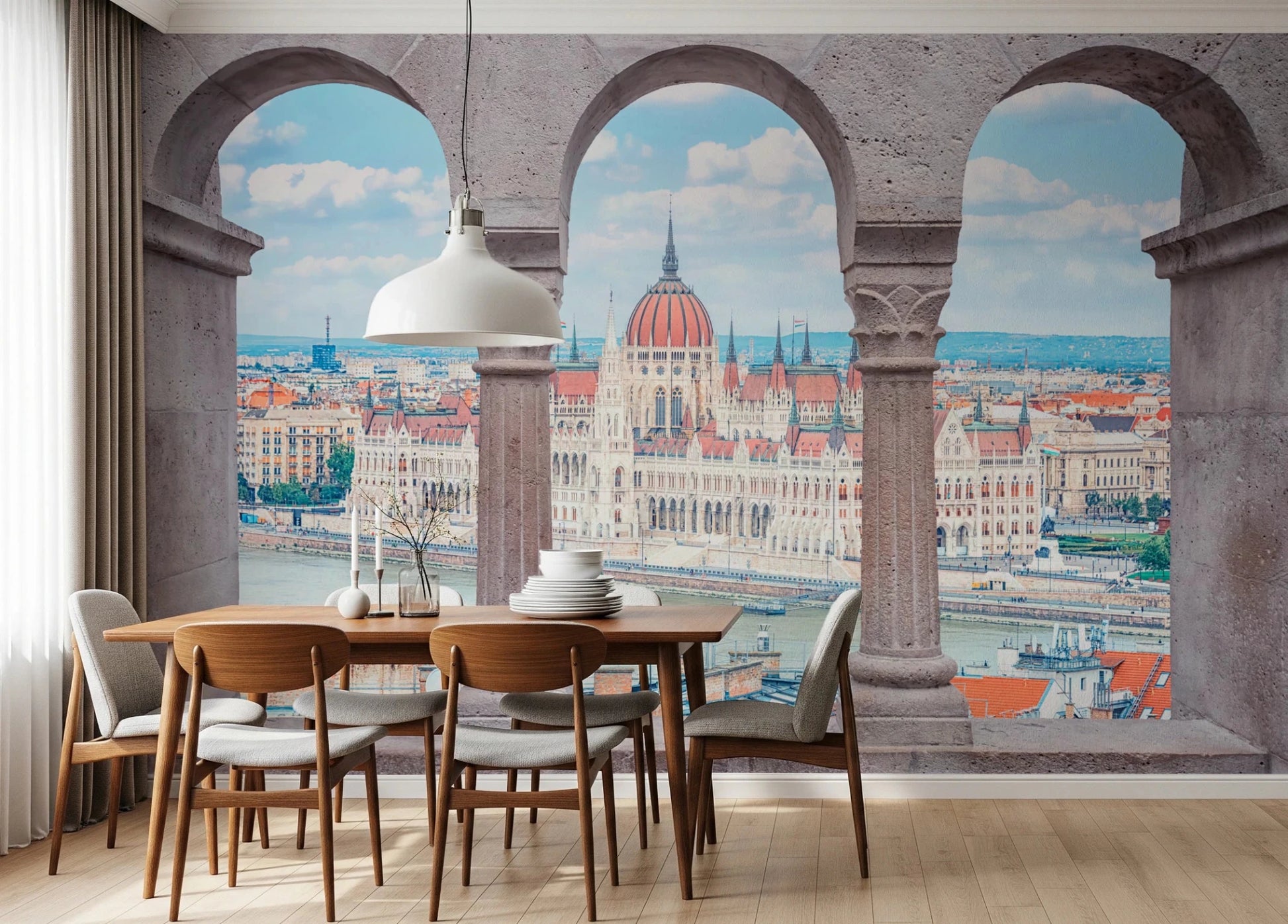 Dining room arranged before Budapest Vista Arches Wall Mural with three arch views