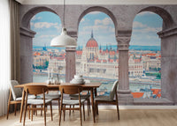 Dining room arranged before Budapest Vista Arches Wall Mural with three arch views
