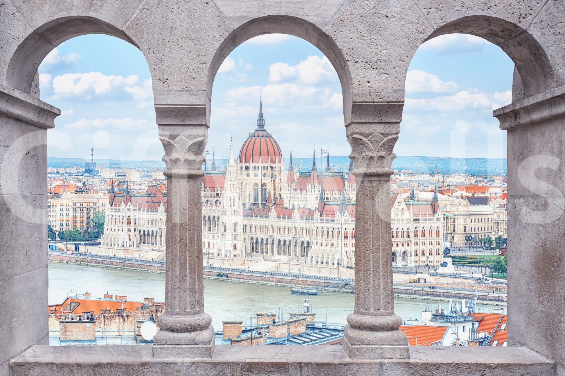 Historic riverside view in Budapest Vista Arches Wall Mural with framed arch opening