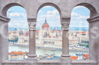 Historic riverside view in Budapest Vista Arches Wall Mural with framed arch opening