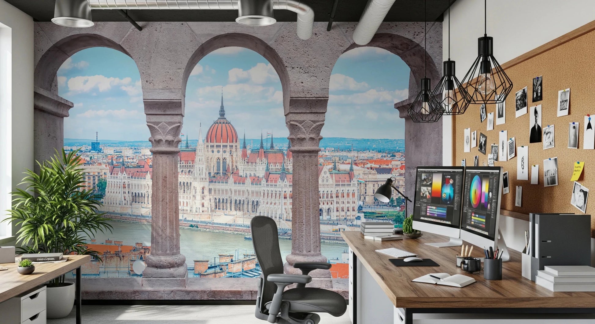 Work room featuring Budapest Vista Arches Wall Mural behind desk and shelving setup