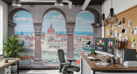 Work room featuring Budapest Vista Arches Wall Mural behind desk and shelving setup