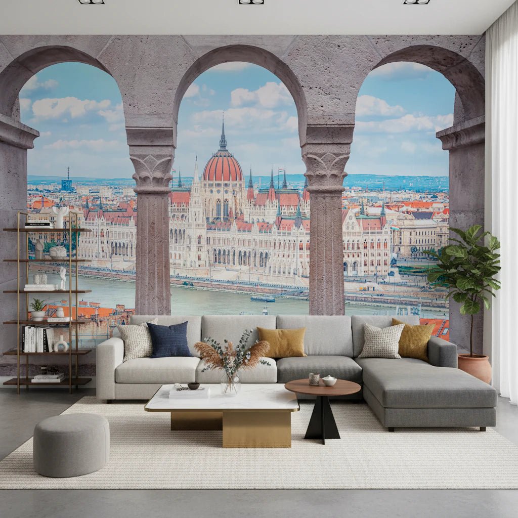 Window-side sitting area with Budapest Vista Arches Wall Mural and river city scene