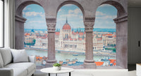 Full wall Budapest Vista Arches Wall Mural showing arches and Budapest skyline