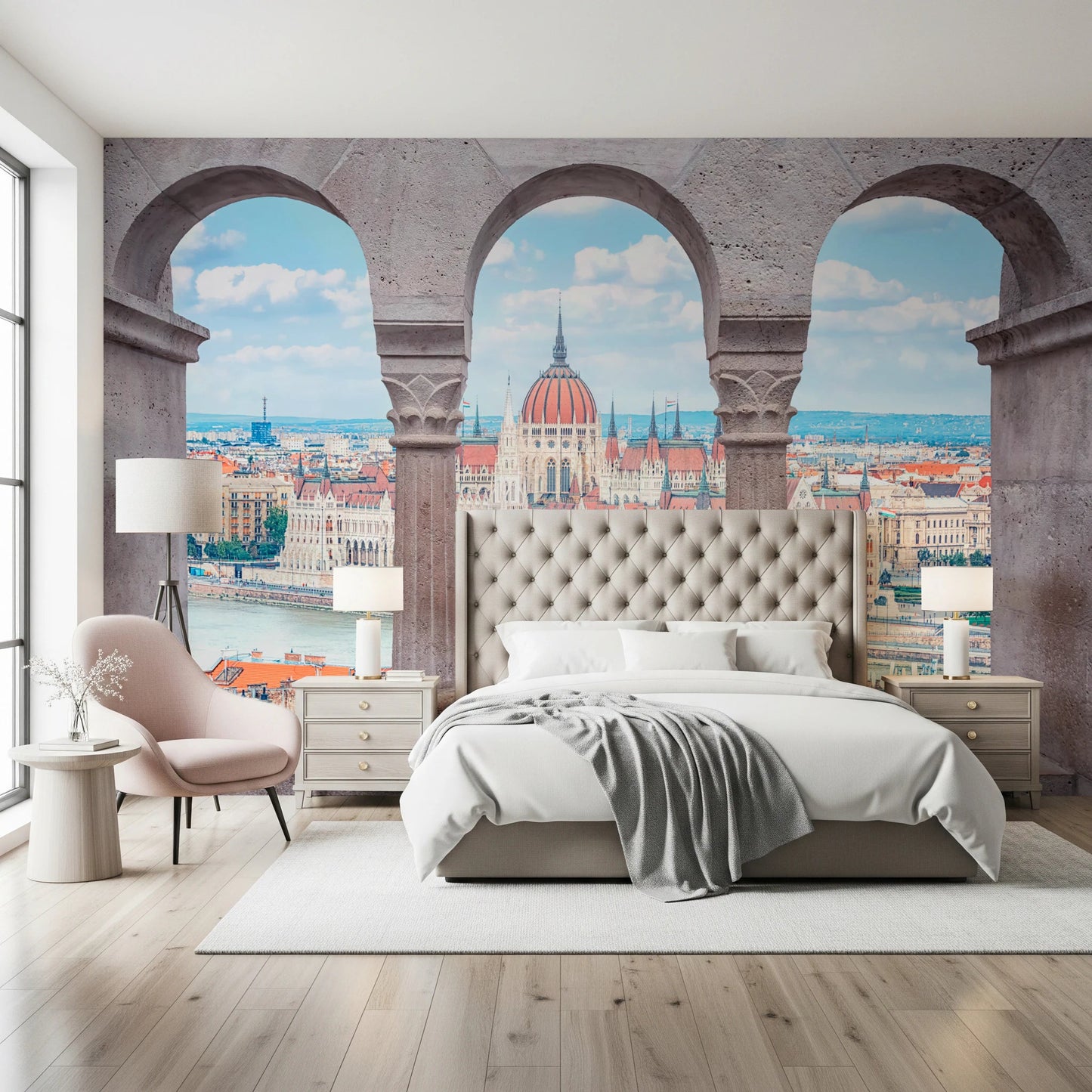 Soft bedroom corner with Budapest Vista Arches Wall Mural and upholstered headboard