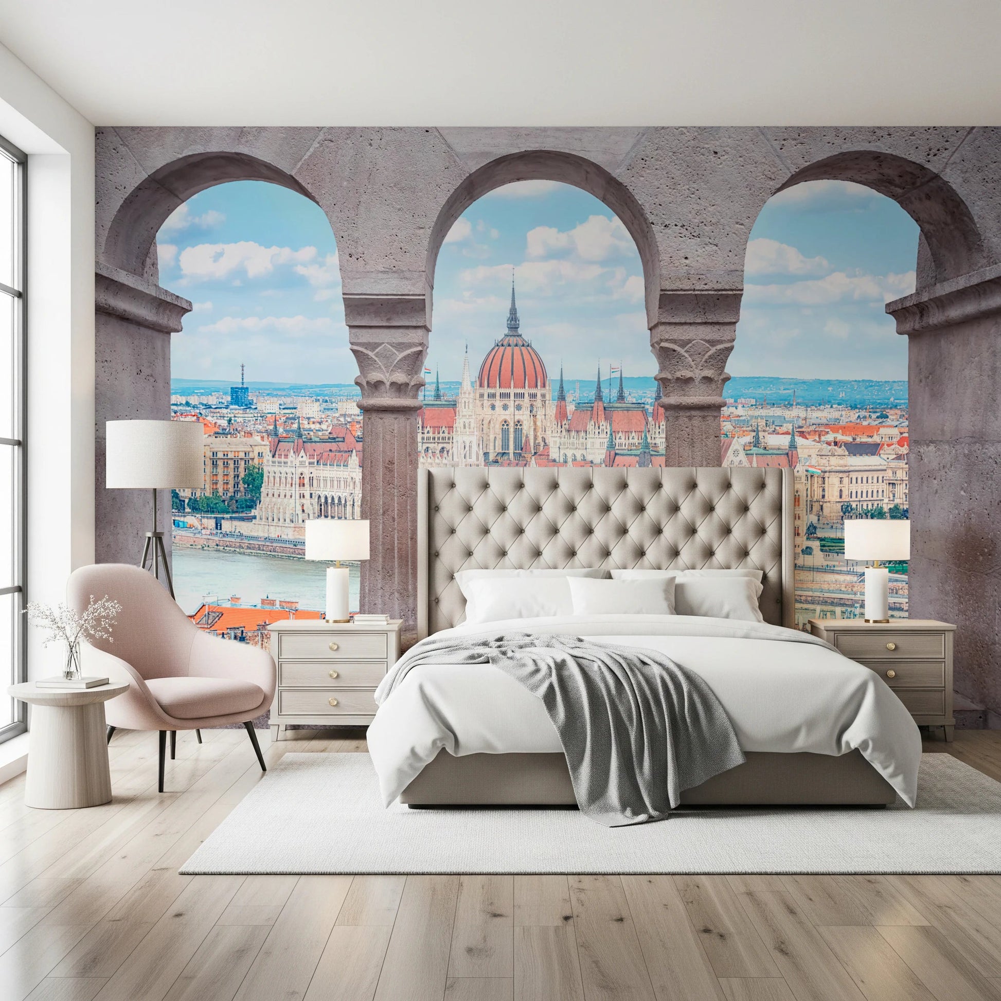 Soft bedroom corner with Budapest Vista Arches Wall Mural and upholstered headboard