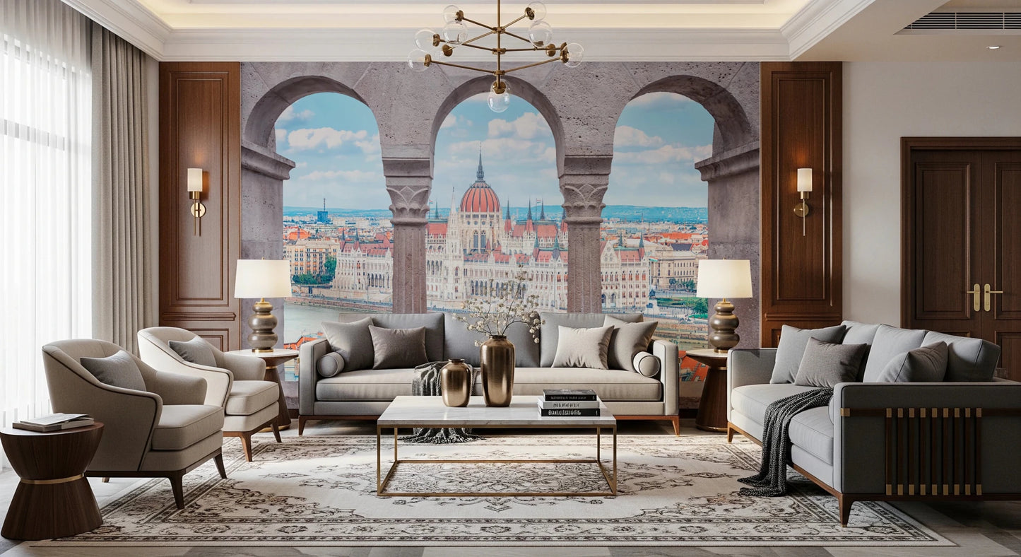 Lounge space using Budapest Vista Arches Wall Mural as a wide architectural backdrop