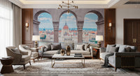 Lounge space using Budapest Vista Arches Wall Mural as a wide architectural backdrop