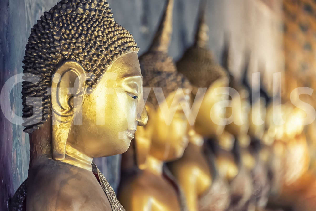 Buddha's Golden Gaze wall mural with warm golden statue profile in soft focus