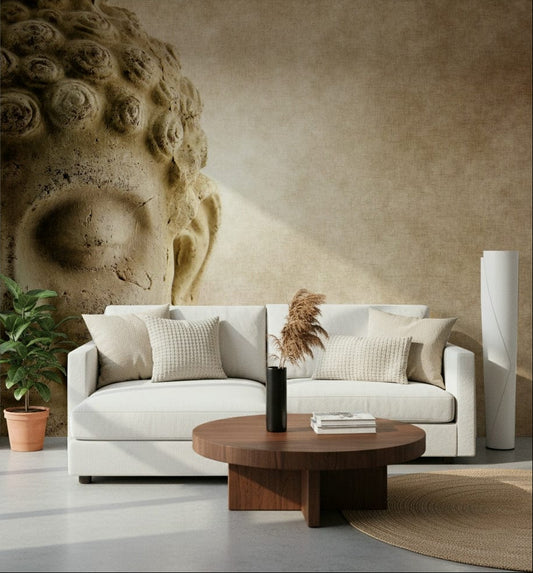 Arched stone gateway wall mural for a hallway with natural wood flooring wallpaper.