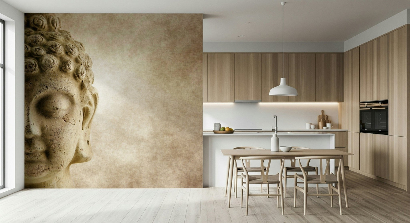 Rome's Golden Hour Wall Mural in a minimalist living room with beige furniture wallpaper.