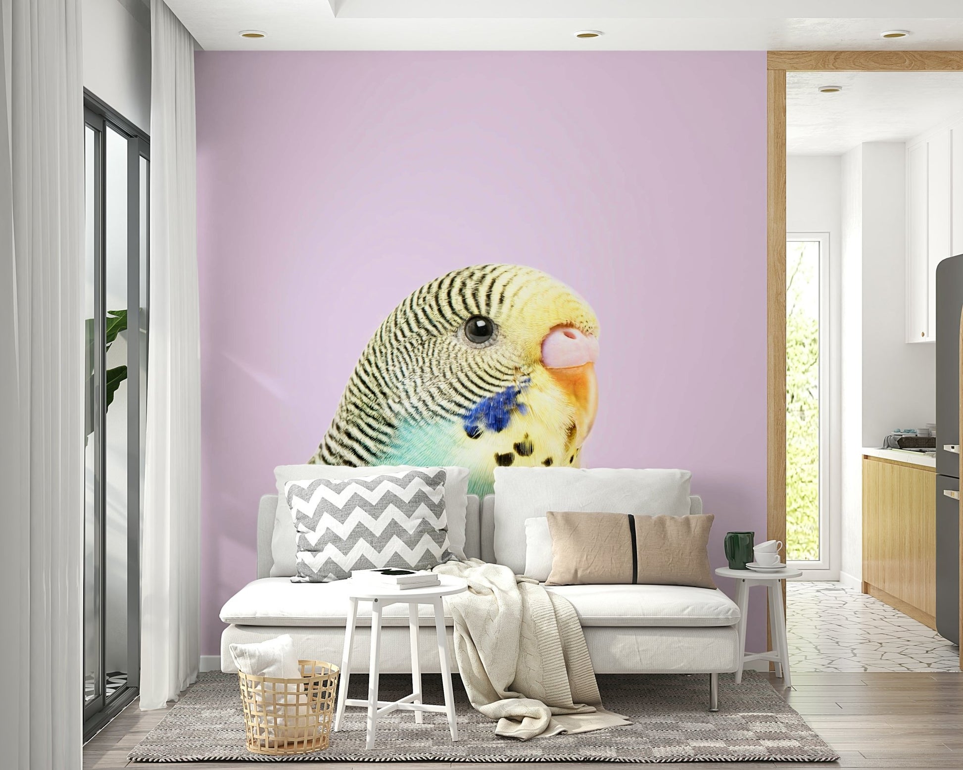 Living room decorated with budgie wall mural

