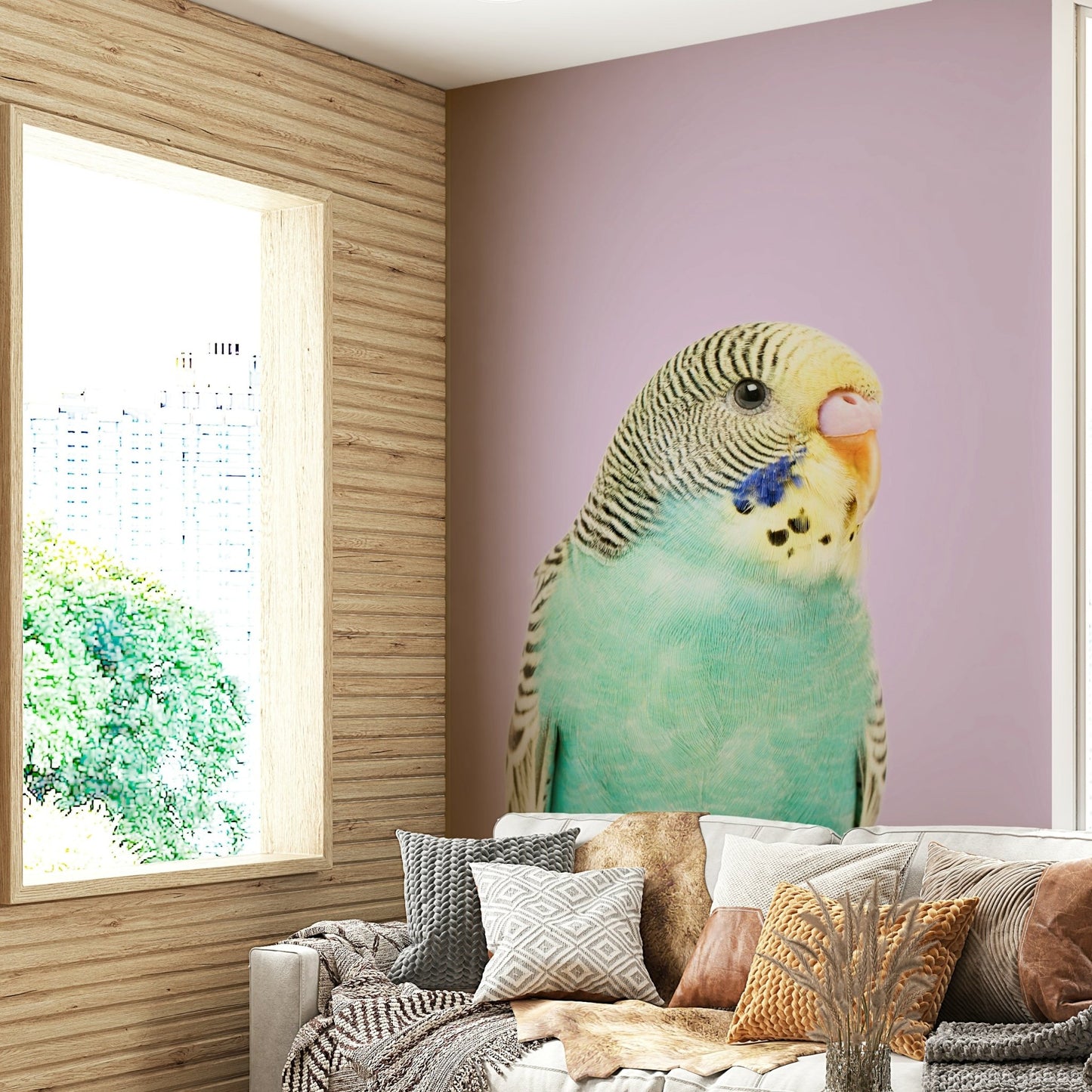 Easy-to-apply wallpaper for walls with budgie print

