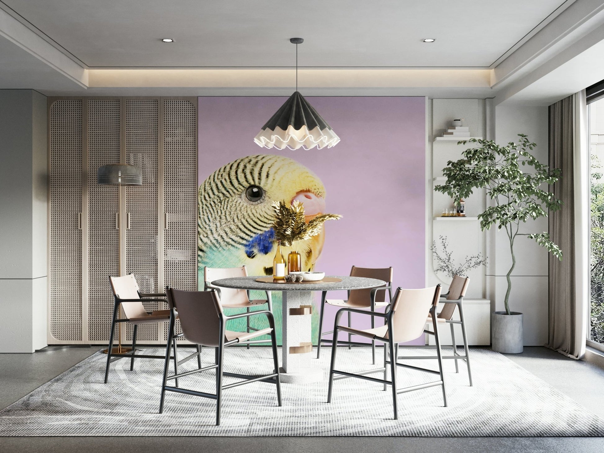 Detailed budgie perched on branch wall mural

