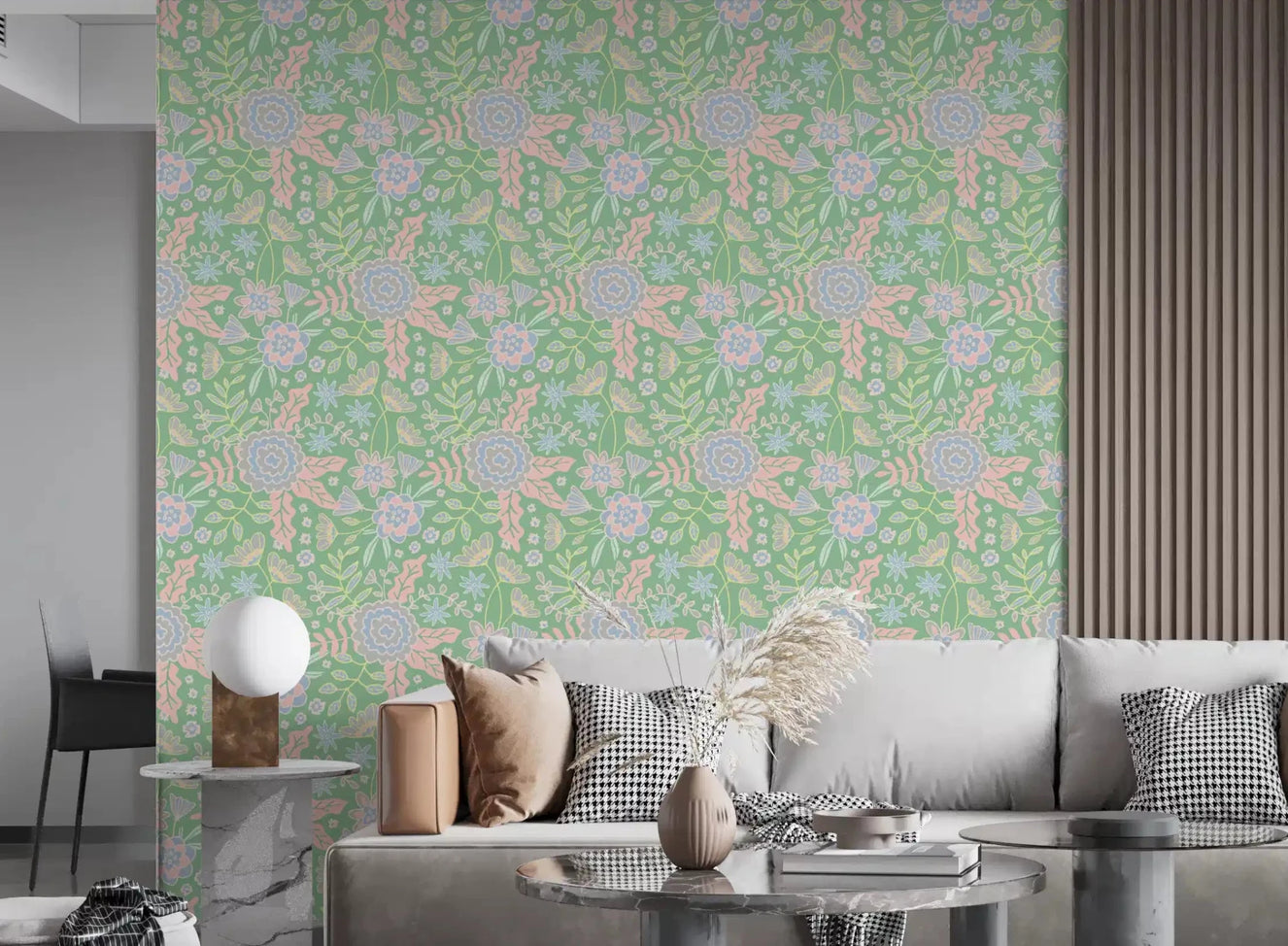 Living room with Buds and Blossom Floral Cottagecore garden green wallpaper
