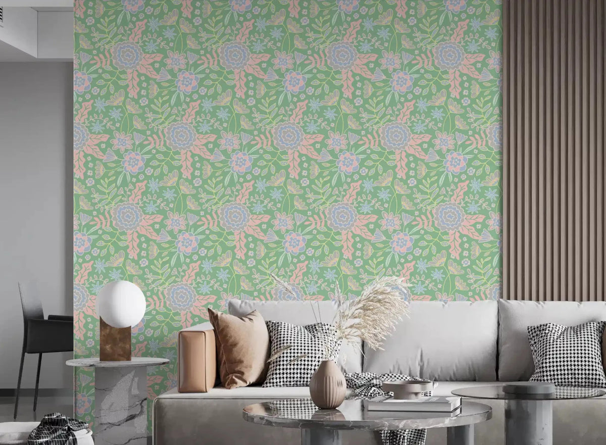 Living room with Buds and Blossom Floral Cottagecore garden green wallpaper, GD9403