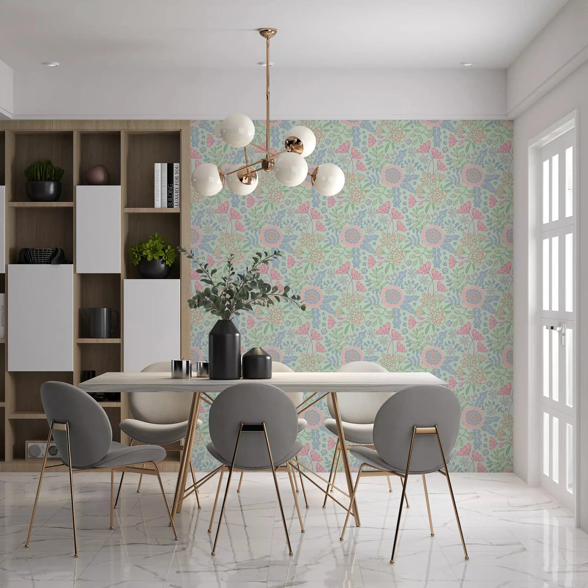 Dining room with Buds and Blossom Floral Cottagecore mint green wallpaper, GD9404