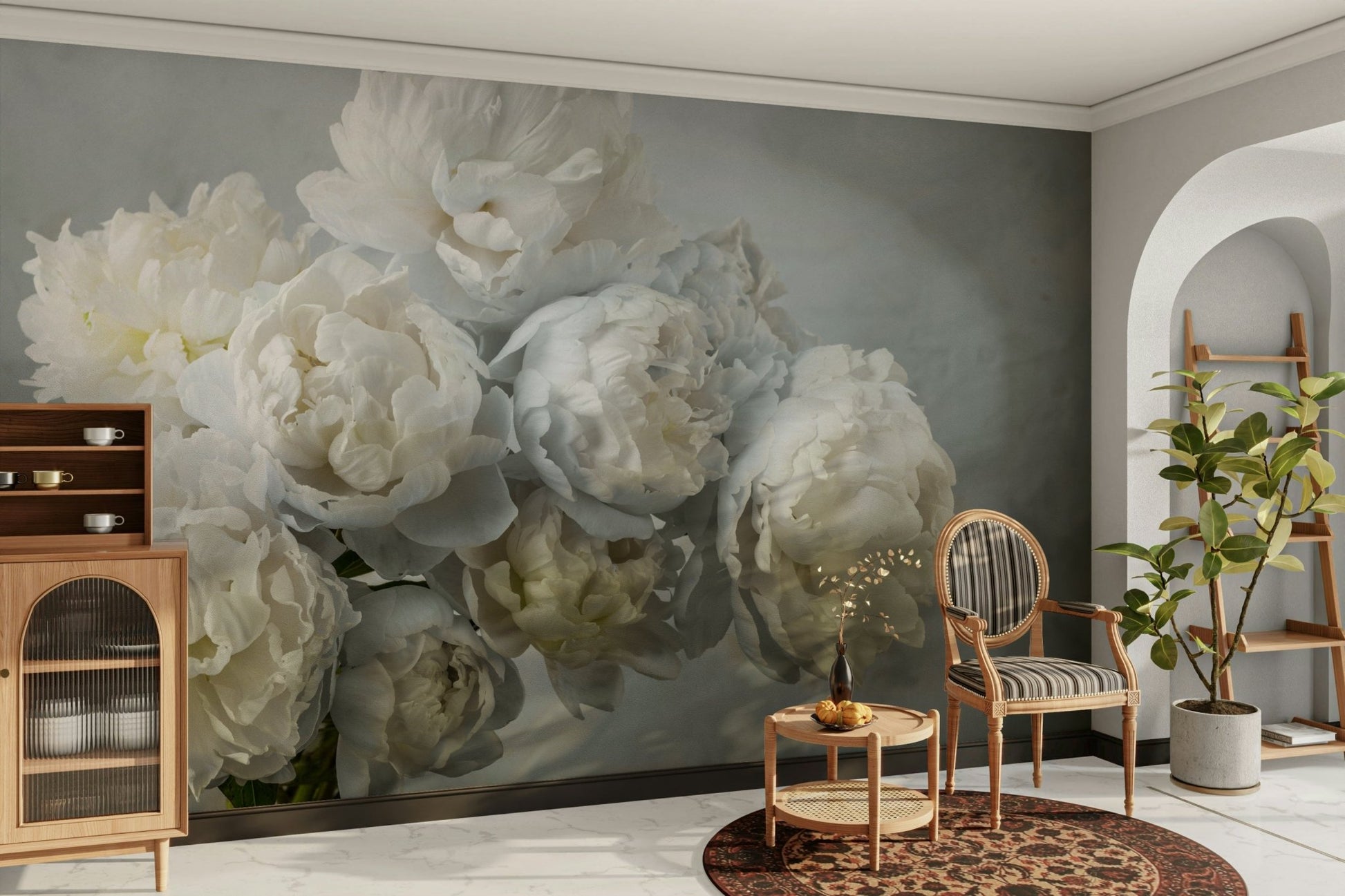 Blooming peony wall mural in neutral tones


