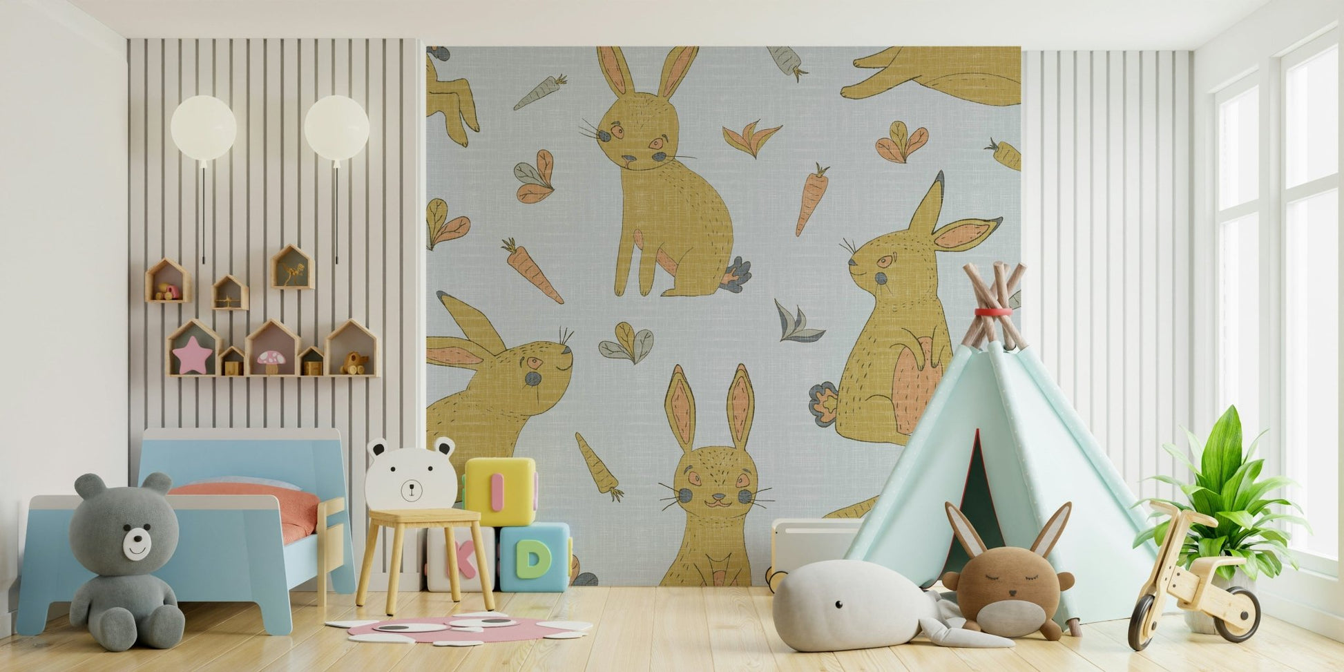 Nursery wallpaper with rabbits and flowers


