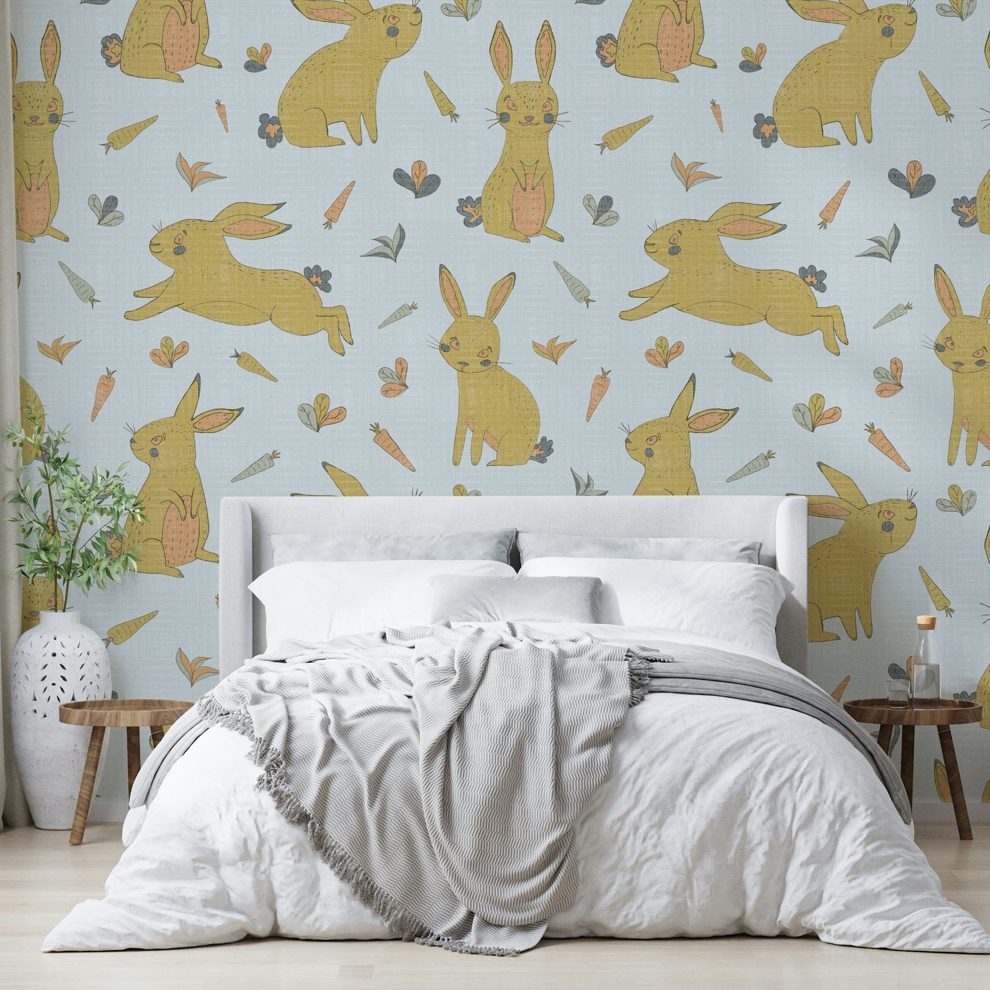 Playful golden and gray bunny wallpaper pattern

