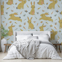 Playful golden and gray bunny wallpaper pattern

