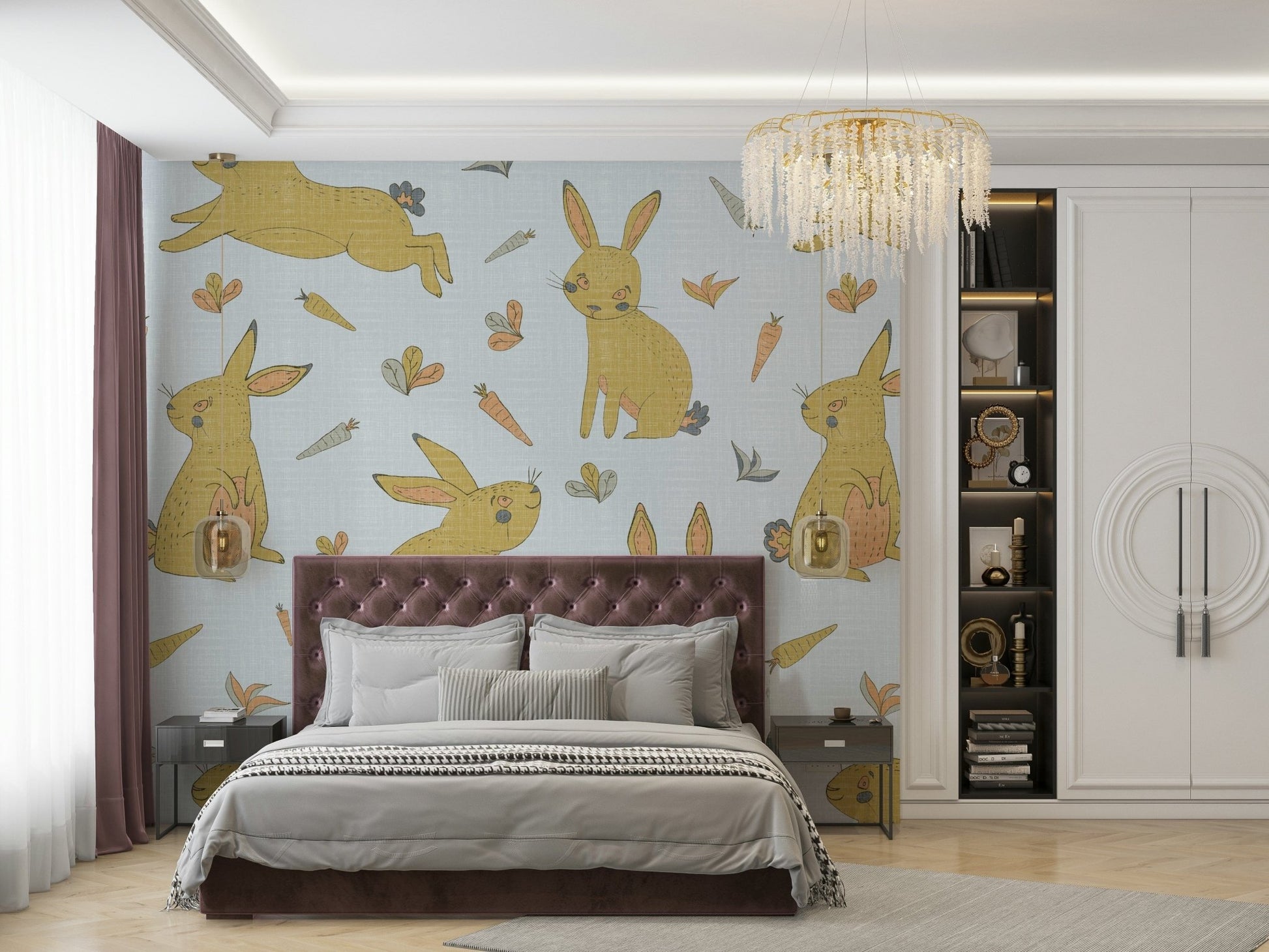 Soft golden and gray bunny wallpaper close-up

