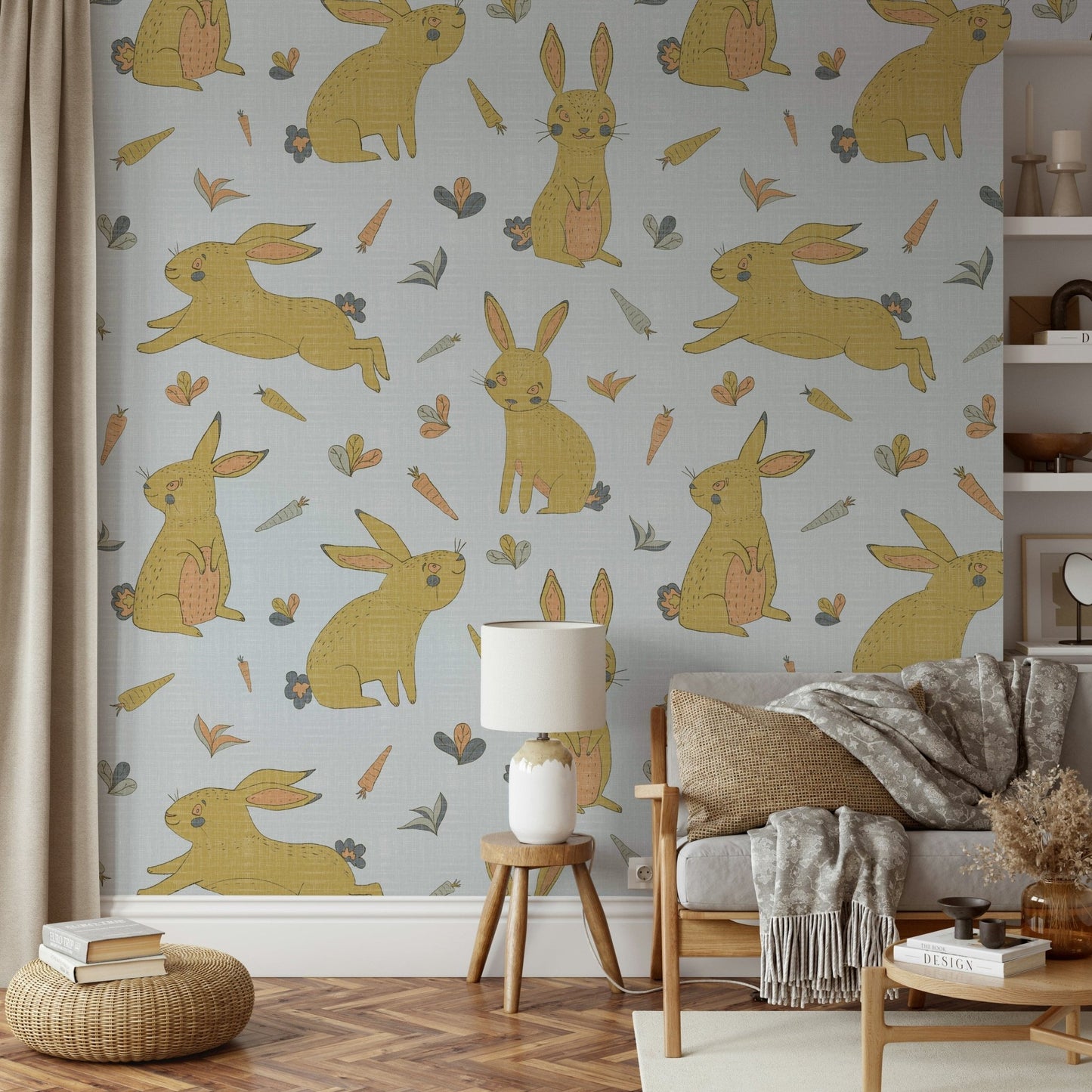 Light and playful wallpaper with rabbits

