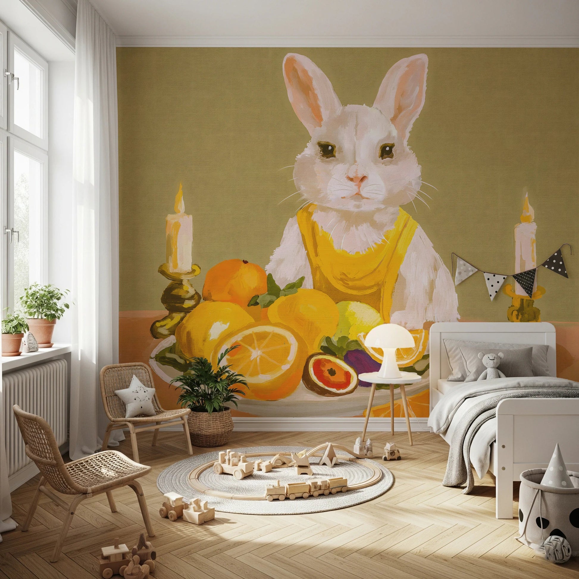 Bedroom with Bunny Candlelight Fruit Dinner Oil Painting Wall Mural behind the bed