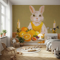 Bedroom with Bunny Candlelight Fruit Dinner Oil Painting Wall Mural behind the bed